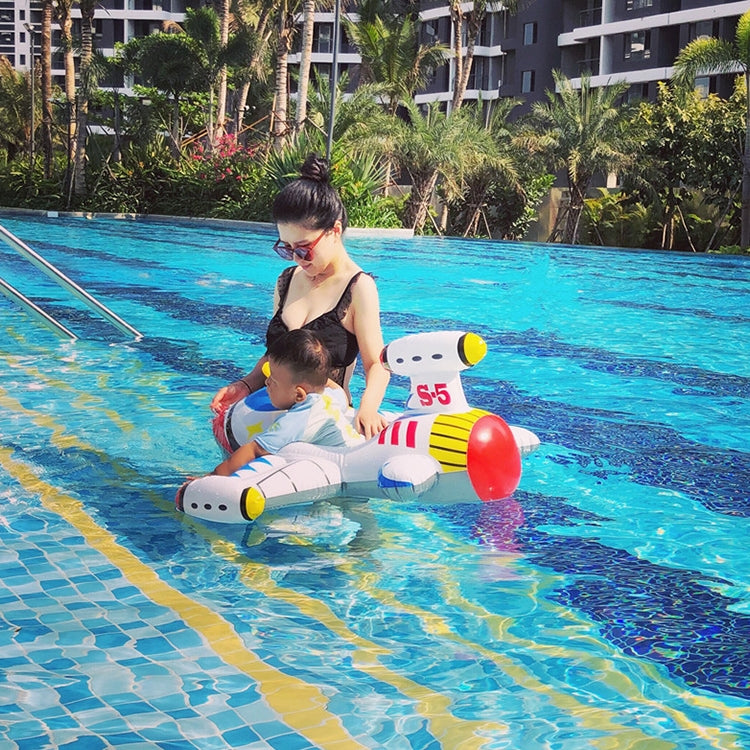 Inflatable airplane pool float with child seated, yellow steering wheel and blue body