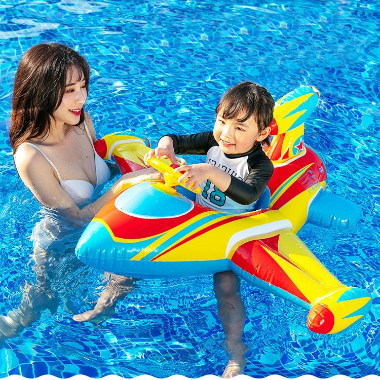 Inflatable airplane-shaped pool float with child onboard, colorful wings and red nose