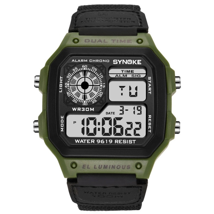 SYNOKE digital wristwatch with green bezel and dark display, dark olive fabric strap