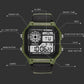 SYNOKE digital wristwatch with labeled button layout, green bezel and dark face