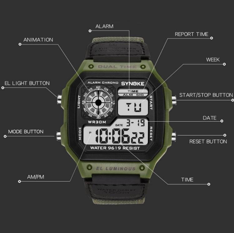 SYNOKE digital wristwatch with labeled button layout, green bezel and dark face
