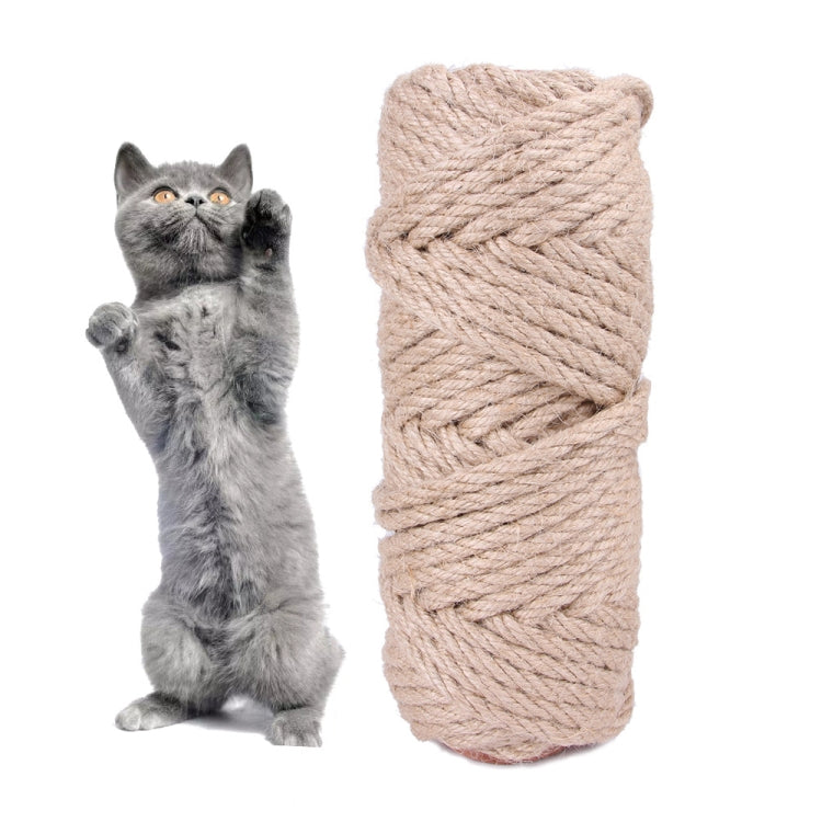 Cat standing upright beside a beige braided hemp rope scratch roll for claws