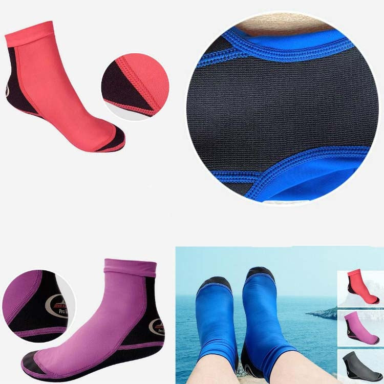 Red and purple neoprene snorkeling socks with black anti-slip toe