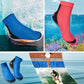 Blue and red neoprene snorkeling socks with black anti-slip soles