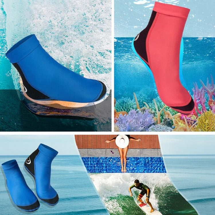 Blue and red neoprene snorkeling socks with black anti-slip soles