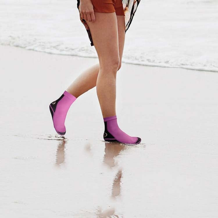 Purple neoprene snorkeling socks with black toe and textured anti-slip sole