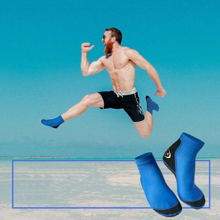 Blue neoprene snorkeling socks with black heel and anti-slip sole