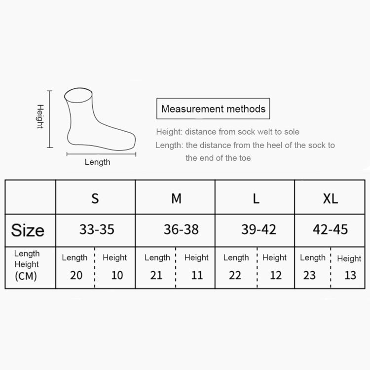 Neoprene snorkeling socks sizing chart with length and height measurements (S–XL)