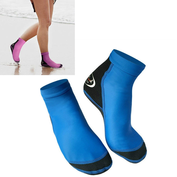 Blue neoprene snorkeling socks with black toe and anti-slip sole, plus purple inset