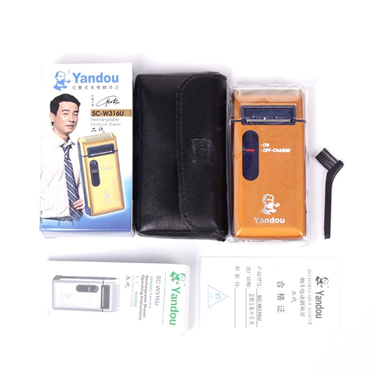Yandou electric shaver kit with orange shaver, protective pouch, and charger accessories