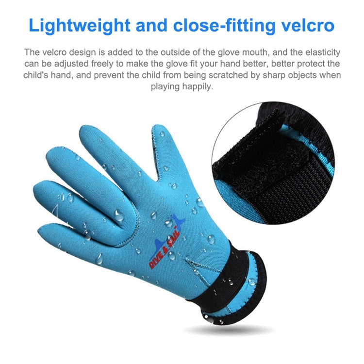 Kids blue neoprene gloves with black Velcro wrist cuff and textured surface