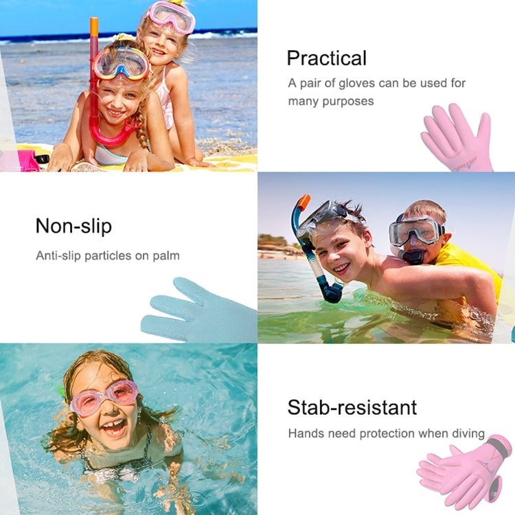 Kids neoprene diving gloves with non-slip palm, shown in swimming use