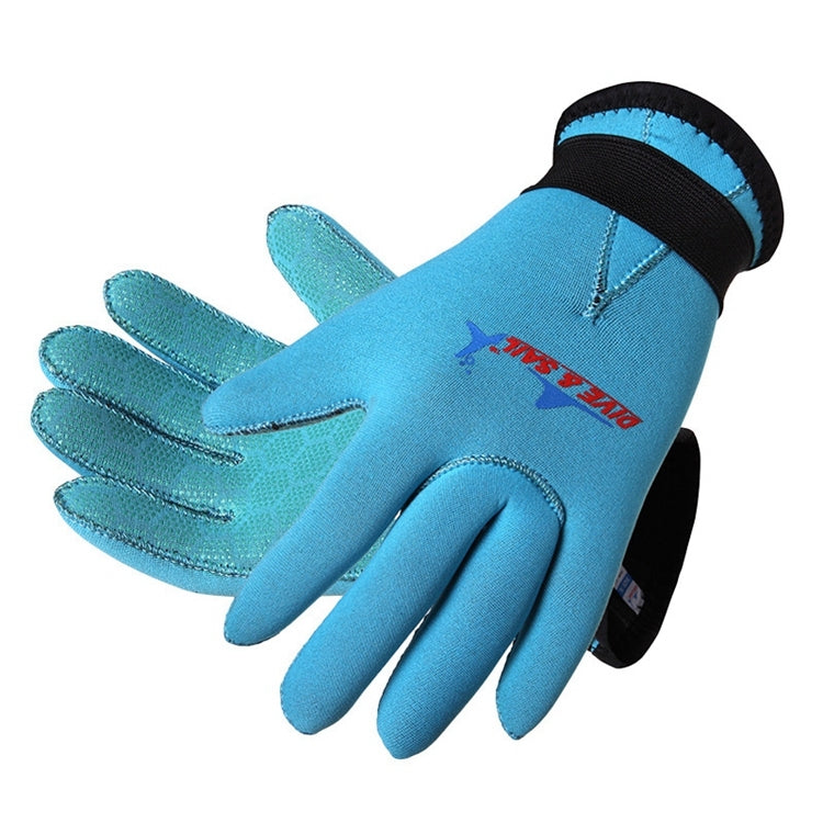 Kids blue neoprene diving gloves with black hook-and-loop wrist cuff