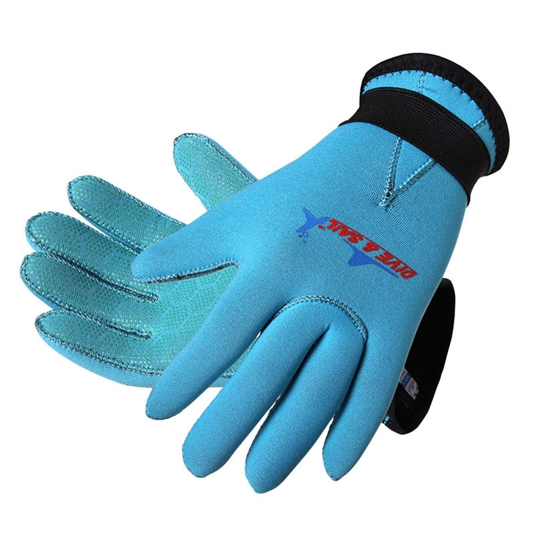 Children's neoprene diving gloves, blue, with black wrist cuff and logo