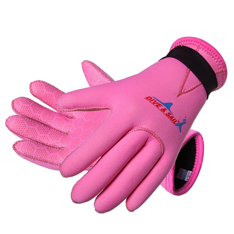 Children's neoprene diving gloves, pink, with black wrist cuff and logo