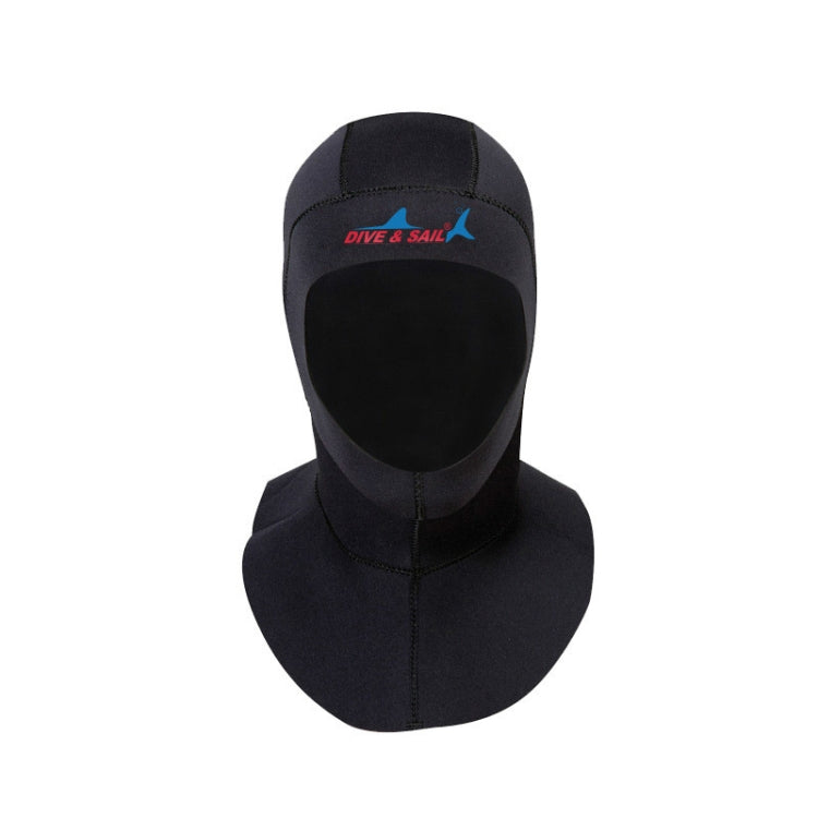 Black neoprene diving cap with DIVE & SAIL logo and built-in neck skirt