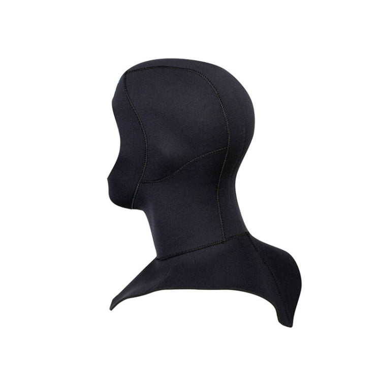 Black neoprene diving headgear with front face opening and long neck flap