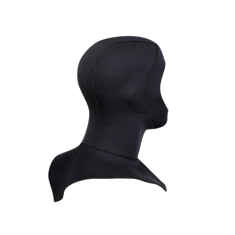 Black neoprene diving cap with molded face opening and wide neck coverage