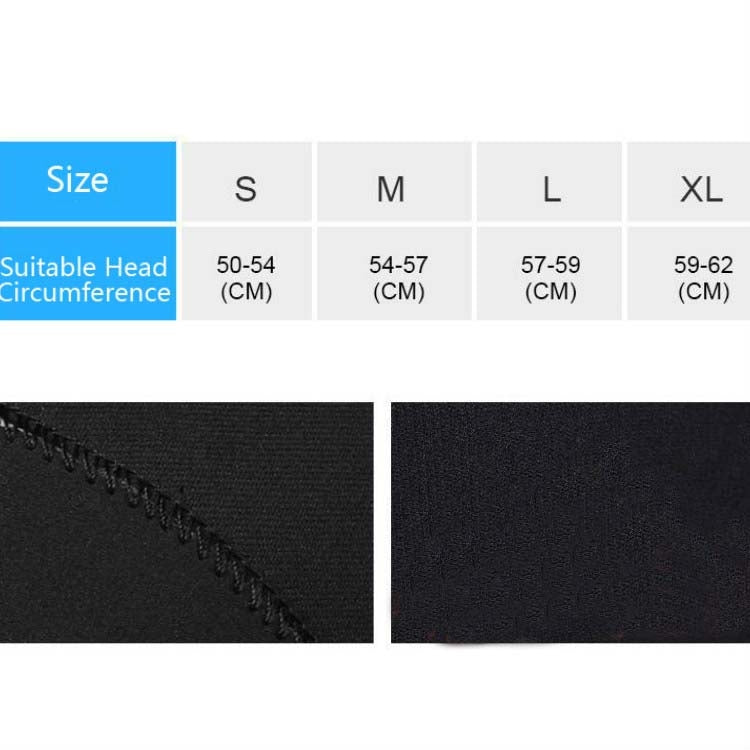 Size chart for S–XL diving cap with head circumference (cm) and fabric close-up