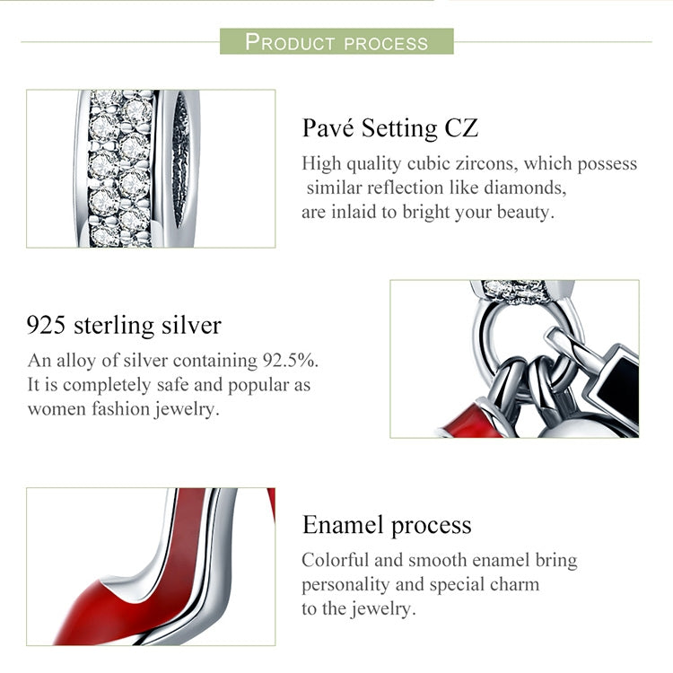 925 sterling silver charm pendant with pavé CZ, red enamel heel, and mirror detail