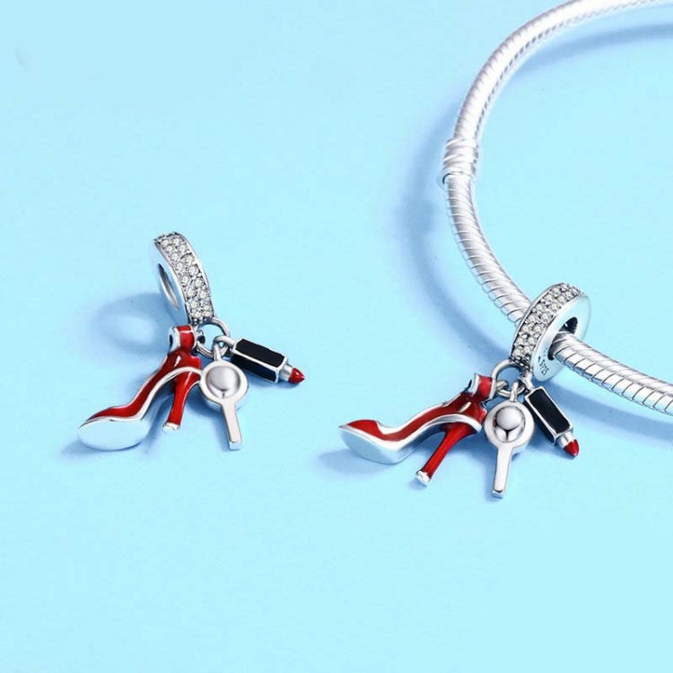 925 sterling silver charm with red high heels, lipstick and mirror pendant