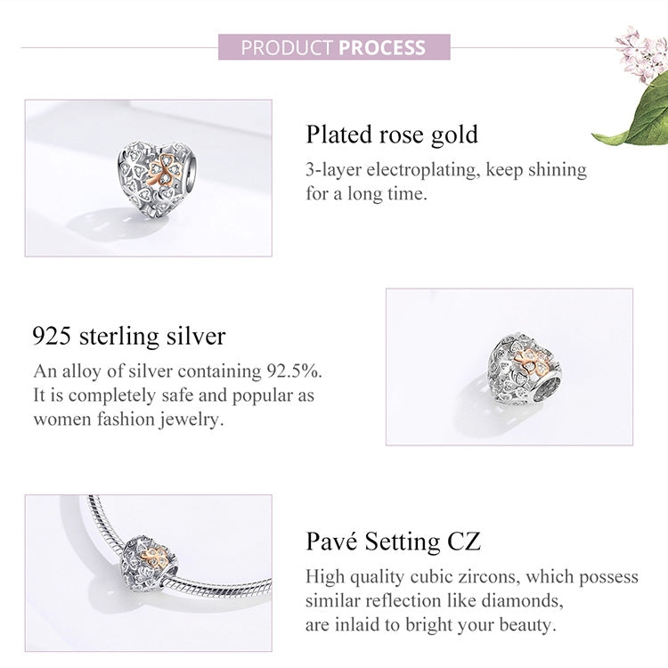 925 sterling silver heart-shaped four-leaf clover charm bead with rose gold detail