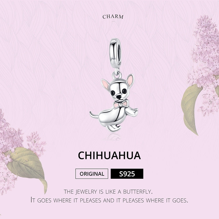Chihuahua dog charm pendant in sterling silver with enamel bow