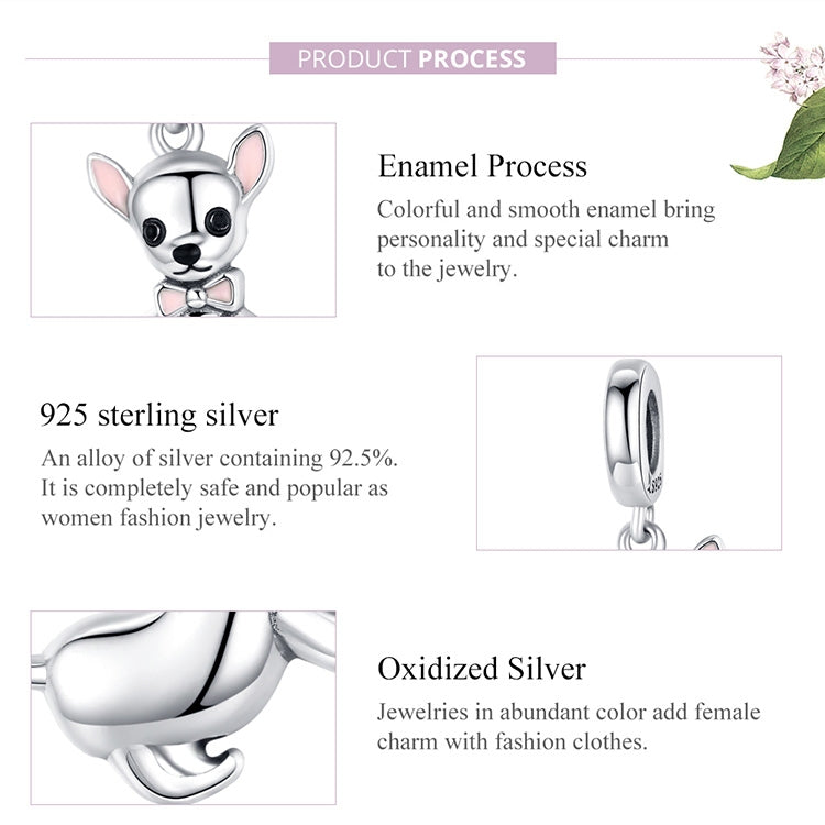 Sterling silver Chihuahua dog charm pendant with enamel and oxidized silver finish