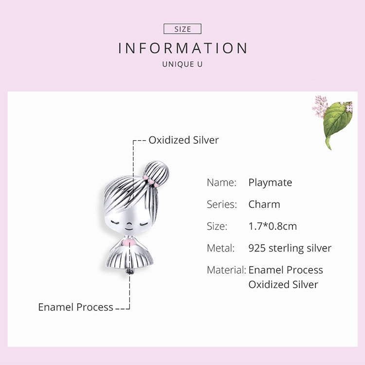 Sterling silver little girl charm illustration with pink enamel dress and striped hair