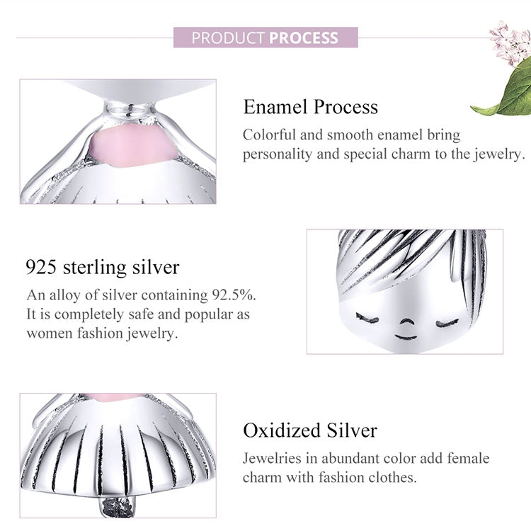 Sterling silver girl charm with pink enamel dress and striped skirt details
