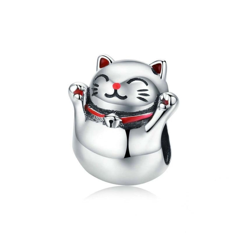 Lucky cat enamel charm bead in 925 sterling silver, Maneki Neko smiling pose