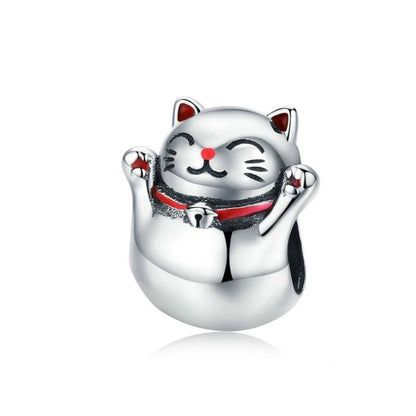 Lucky cat enamel charm bead in 925 sterling silver, Maneki Neko smiling pose