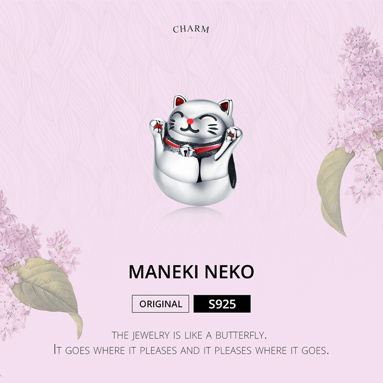 Maneki Neko cat charm bead with red enamel ears and smiling face on silver
