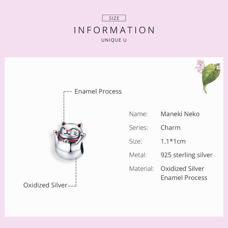 Maneki Neko charm bead with oxidized silver look and red enamel accents
