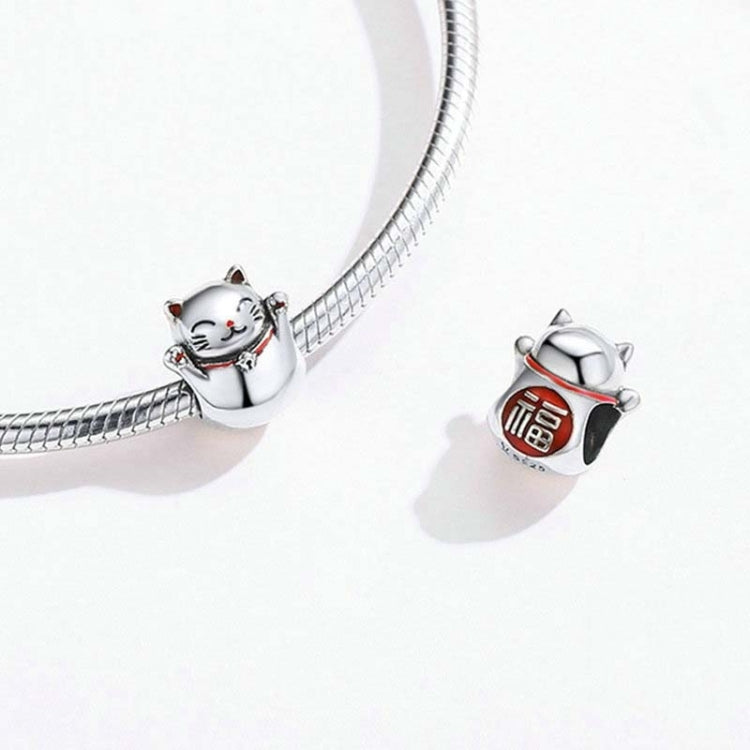 925 sterling silver charm bead of a Maneki Neko cat on a bracelet chain