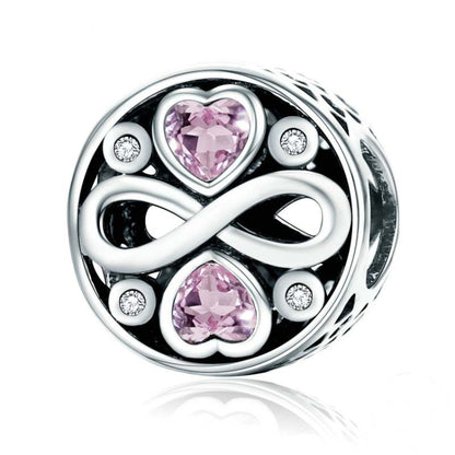 925 sterling silver infinity love heart crystal bead charm, pink heart and clear stones