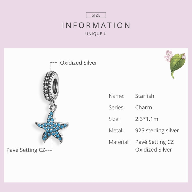 Starfish pendant charm in oxidized 925 sterling silver with blue pavé stones