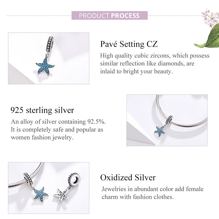925 sterling silver starfish pendant charm with blue pavé CZ and oxidized silver finish