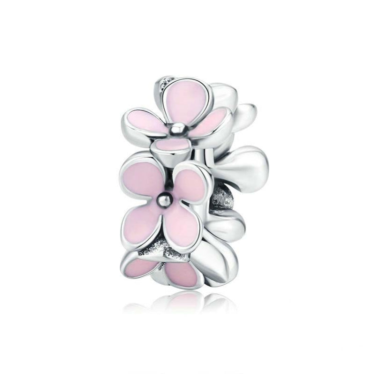Pink enamel flower charm bead with five petals and silver ridged ring details
