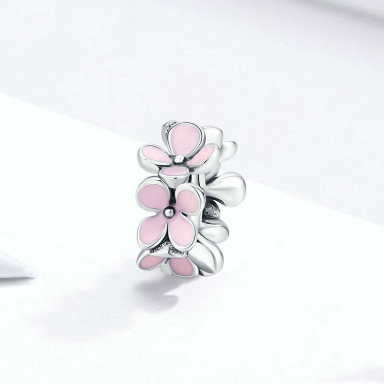 Pink enamel flower charm bead with silver petals and arched ring edges