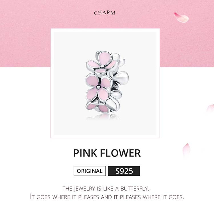 Pink enamel flower charm bead in silver with pastel pink enamel petals