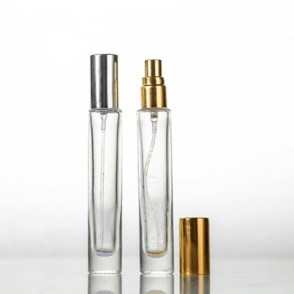 Transparent 10ml perfume spray glass bottle set, silver and gold caps, 2 bottles