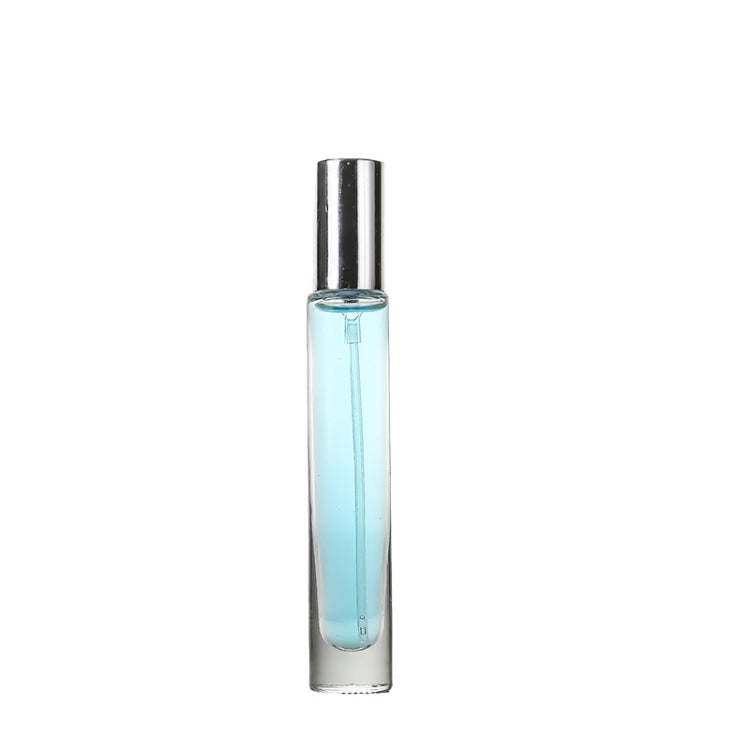Transparent 10ml perfume spray glass bottle with silver cap, light blue contents