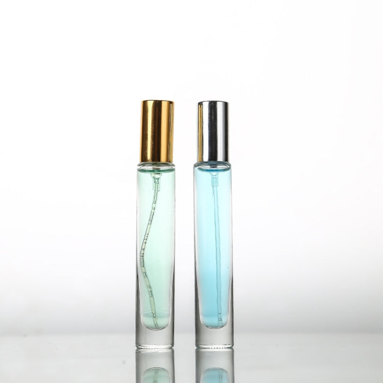 Transparent 10ml perfume spray glass bottles, gold and silver caps, green and blue liquid