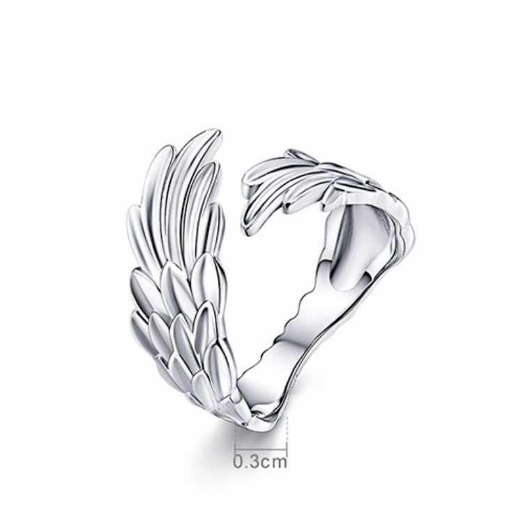 Sterling silver feather-wing open ring with adjustable band, S925 stamped look