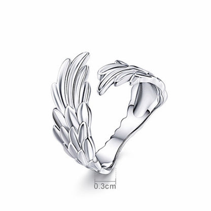 Sterling silver feather-wing open ring with adjustable band, S925 stamped look