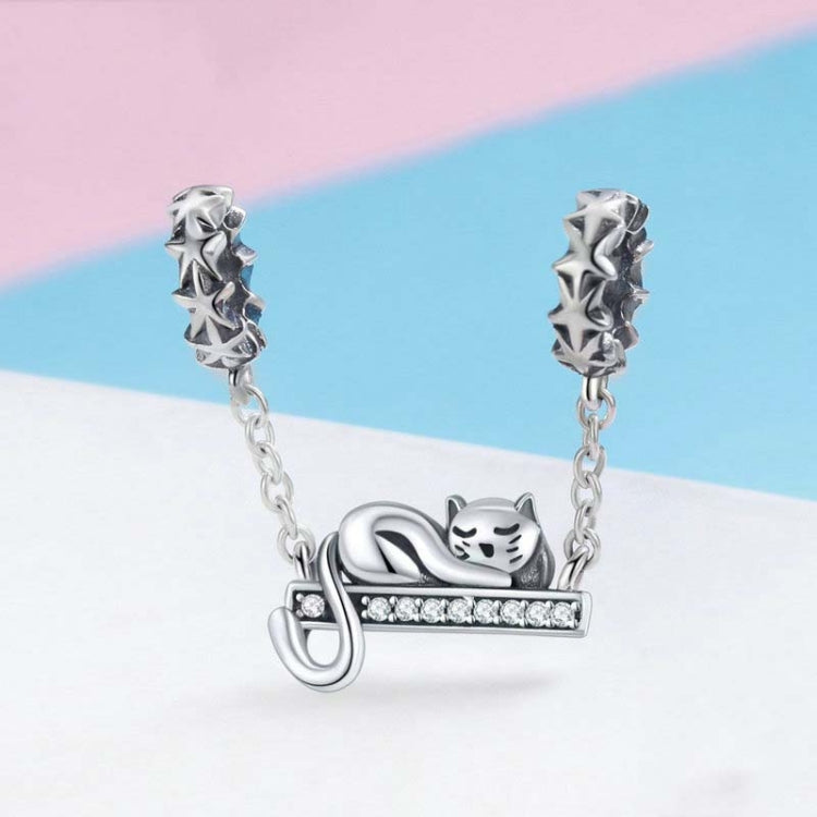 Sterling silver cat necklace pendant with CZ-studded arched bar and star accents