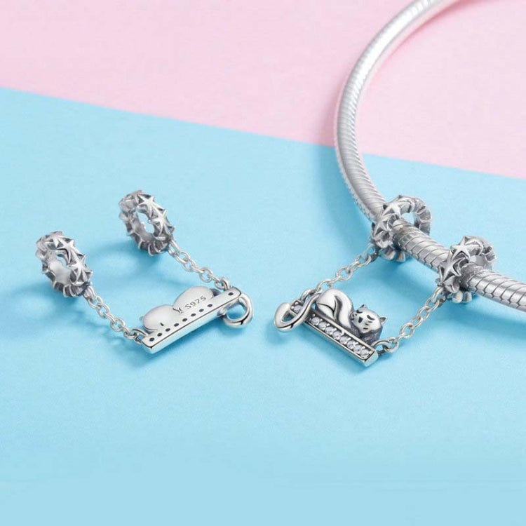 Sterling silver cat necklace pendant with CZ-studded arched bar and chain charms