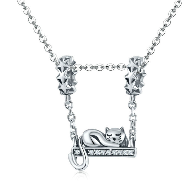Sterling silver cat necklace pendant with CZ-studded arched bar and twin star links
