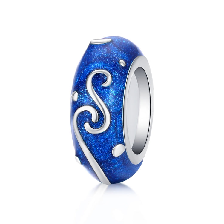 Blue star-glow enamel bead charm with silver swirl S and white dot accents